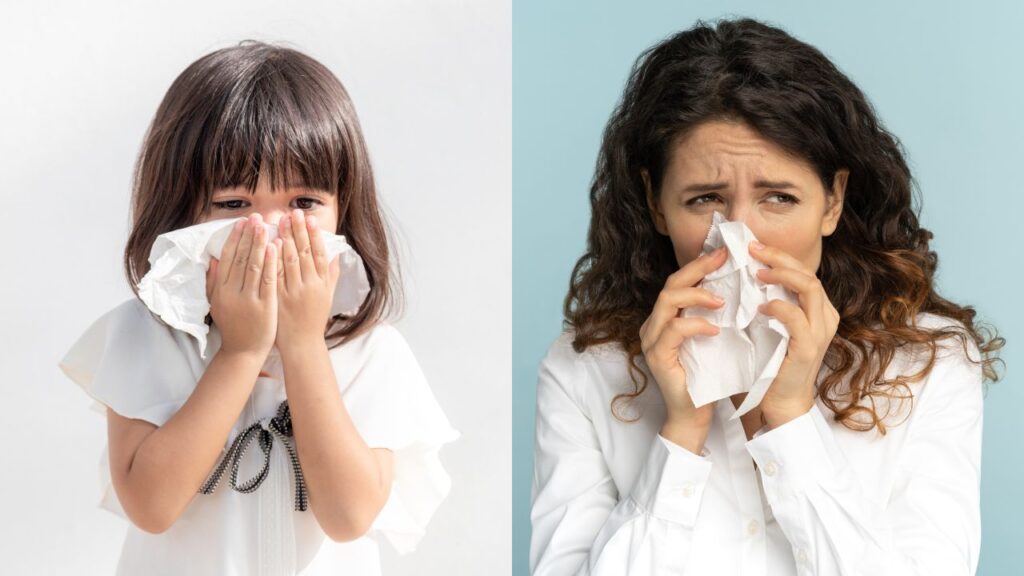 on the left side of the picture is a little girl blowing her nose and on the right side is a grown woman