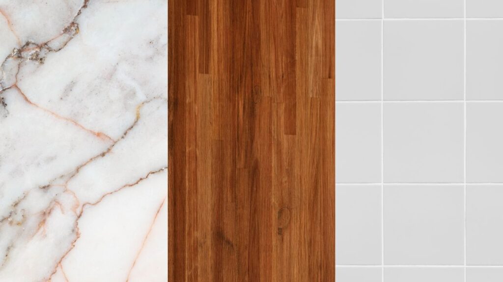 different types of hard floor care: marble, wood and tile floors as examples