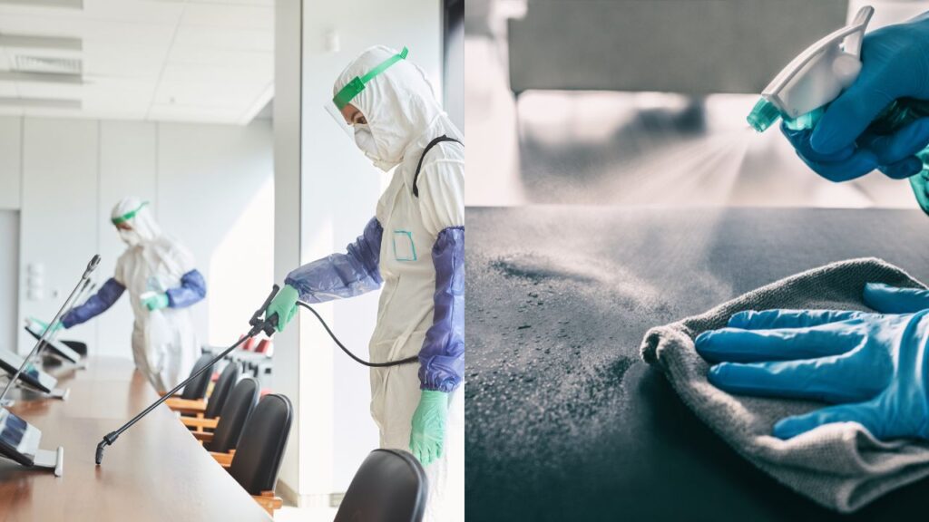 Differences between sanitizing and disinfecting, on the left, disinfecting, on the right, sanitizing