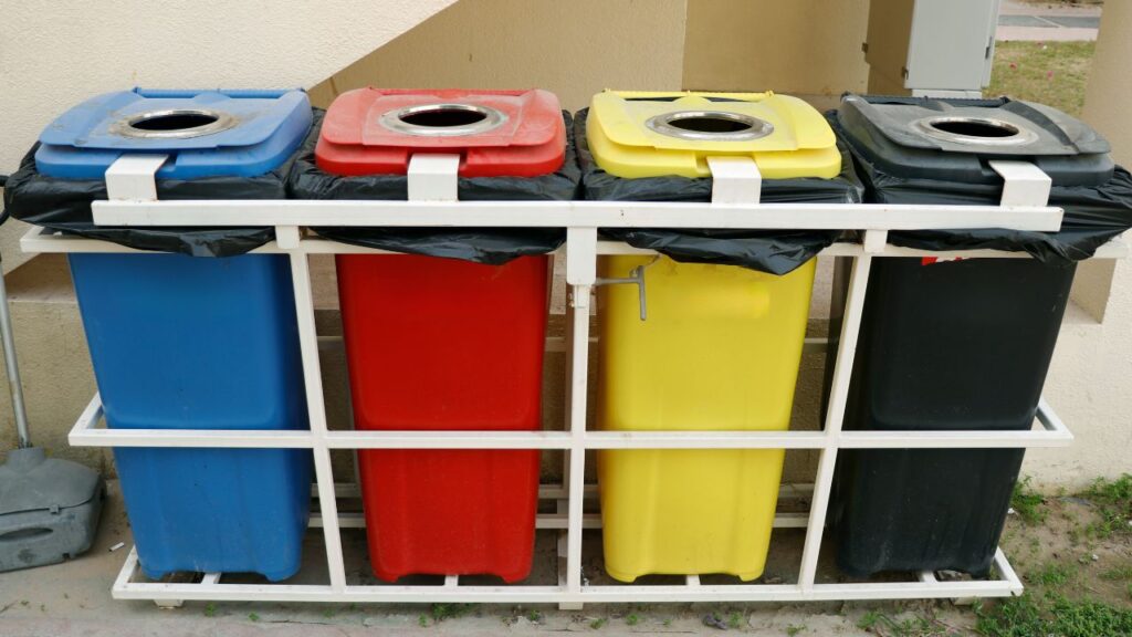 color-coded medical waste bins