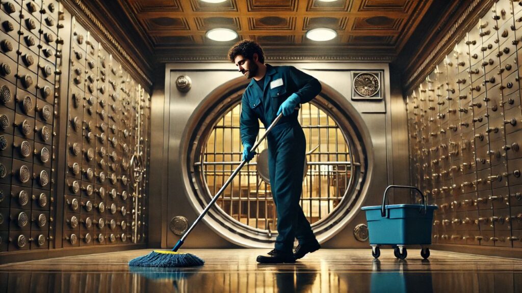 janitor cleaning bank vault floor