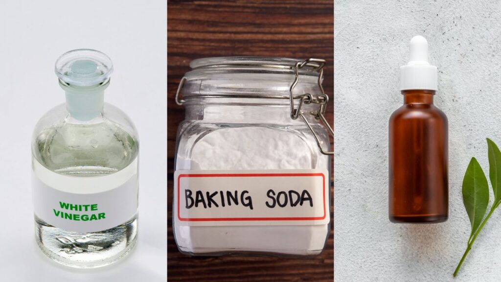 white vinegar, baking soda and essential oil