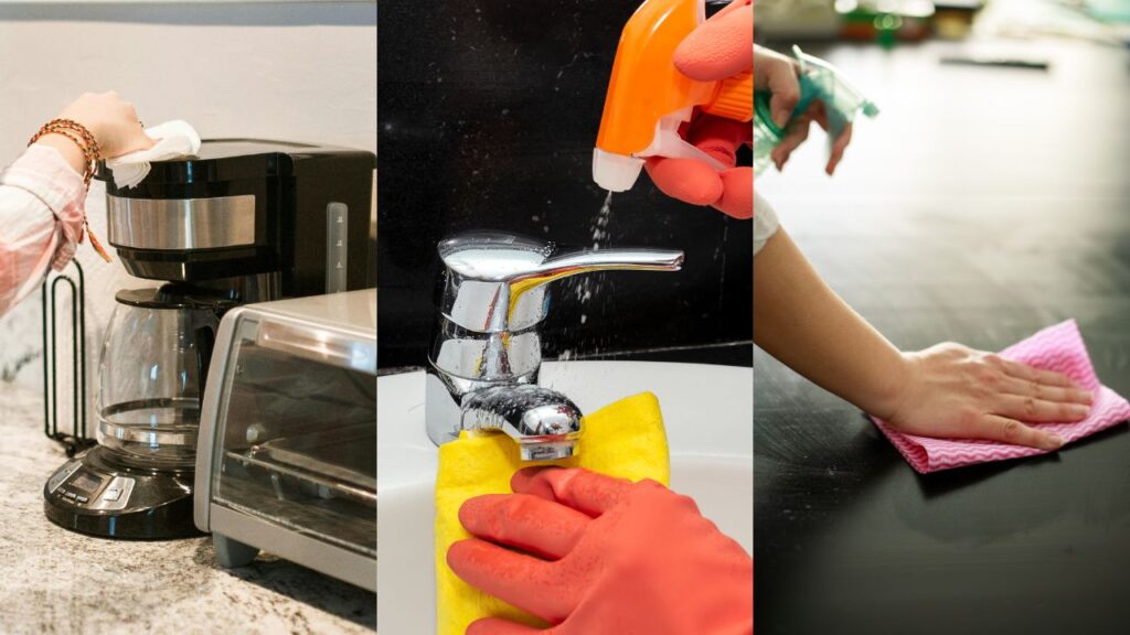 cleaning coffee machine, bathroom sink faucet and meeting room table
