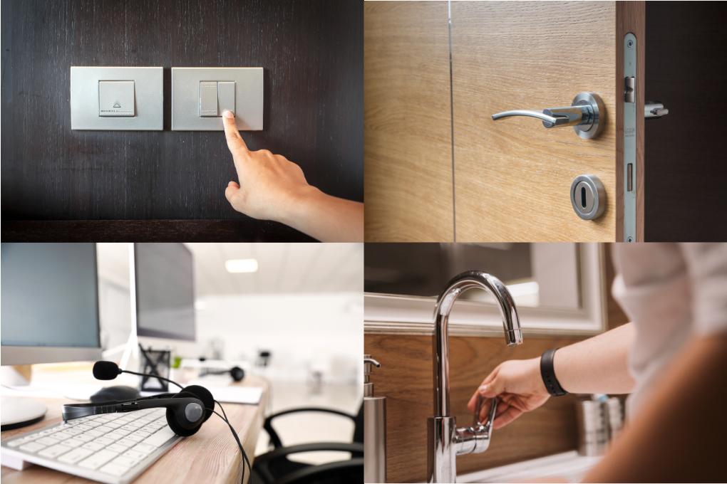 light switches door handle computer keyboard and bathroom sink