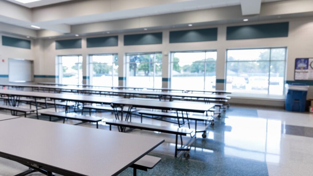 school cafeteria with long tables