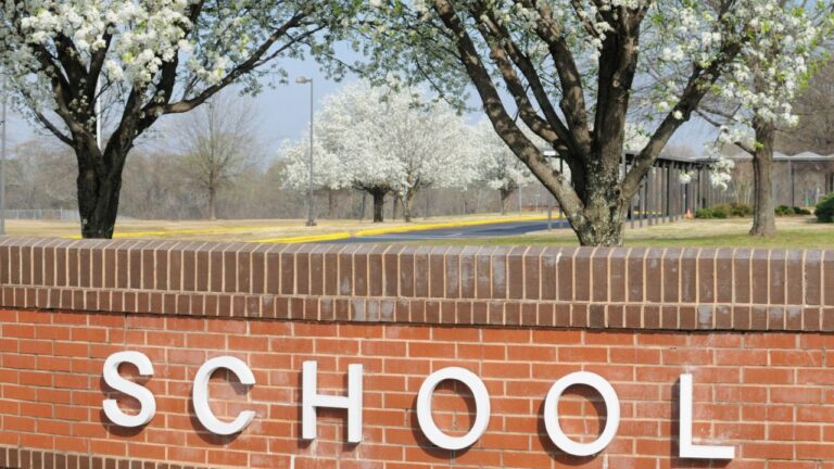 school entrance in spring