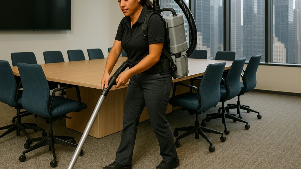 cleaning lady with backpack vaccum cleaner